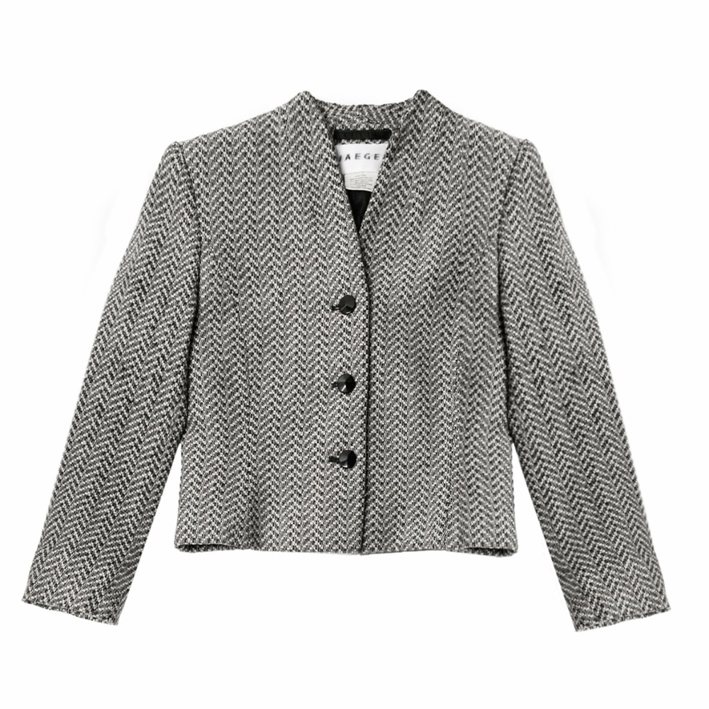 JAEGER Vintage Cropped Blazer Black/White Herringbone Cashmere/Wool Blend US 8
